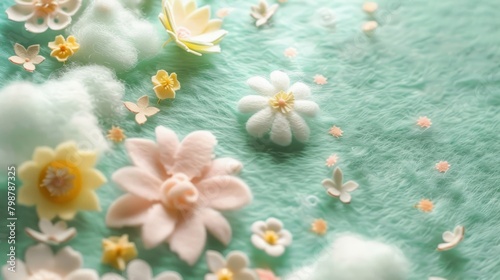 Wool felt, light green, three-dimensional texture, soft wool felt made of clouds and flowers, daisies, soft and fluffy.