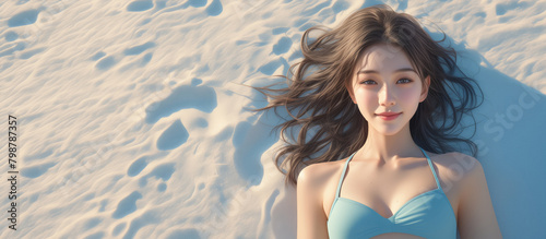 Beautiful woman is laying on the beach in a bikini photo