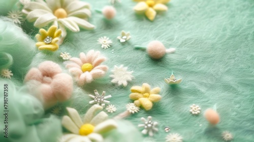 Wool felt  light green  three-dimensional texture  soft wool felt made of clouds and flowers  daisies  soft and fluffy.