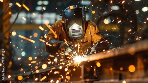 An artistic welding project featuring a craftsman with sparks and flames flying in dynamic patterns photo
