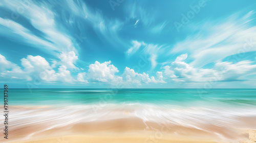 Blurry abstract of a lively tropical beach with golden sand, turquoise ocean waves,