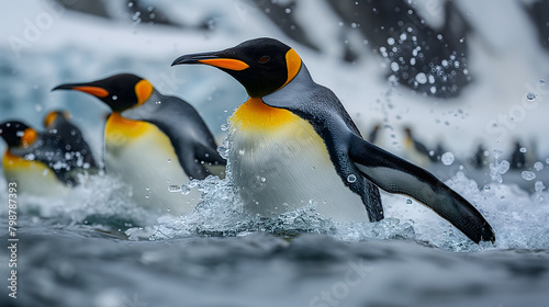 Black and white flightless birds, penguins, huddle on the icy shores of Antarctica © Panyamethi