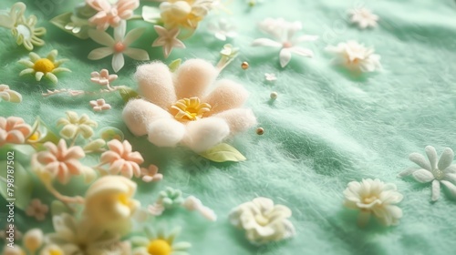 Wool felt  light green  three-dimensional texture  soft wool felt made of clouds and flowers  daisies  soft and fluffy.