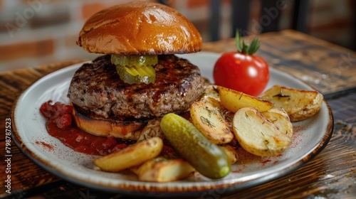 A meal consisting of a hamburger potatoes on the side and garnished with a pickle and tomato placed on a wooden table