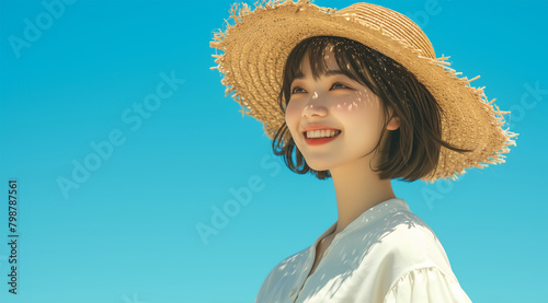 Asian woman wearing a straw hat and smiling in front of a blue sky
