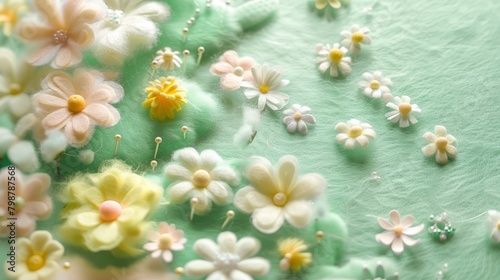 Wool felt, light green, three-dimensional texture, soft wool felt made of clouds and flowers, daisies, soft and fluffy.
