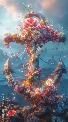 Nautical and magical, a 3D scene with a ships anchor adorned with flowers and futuristic fashion elements