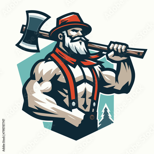 emblem with sharp axe of lumberjack and axeman