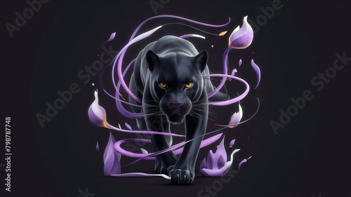 Black panther with yellow eyes and purple aureole   running on a black background with a fire swirl.