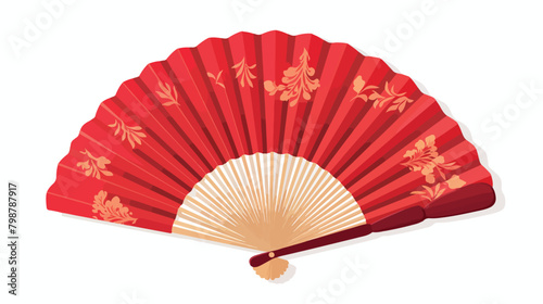 Asian paper hand fan with fringe decor. Japanese so
