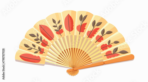 Asian paper hand fan with fringe decor. Japanese so