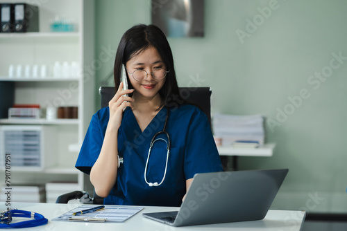 medicine doctor, physician or practitioner involved in cellphone call conversation giving professional consultation to patients. Medic tech concept.