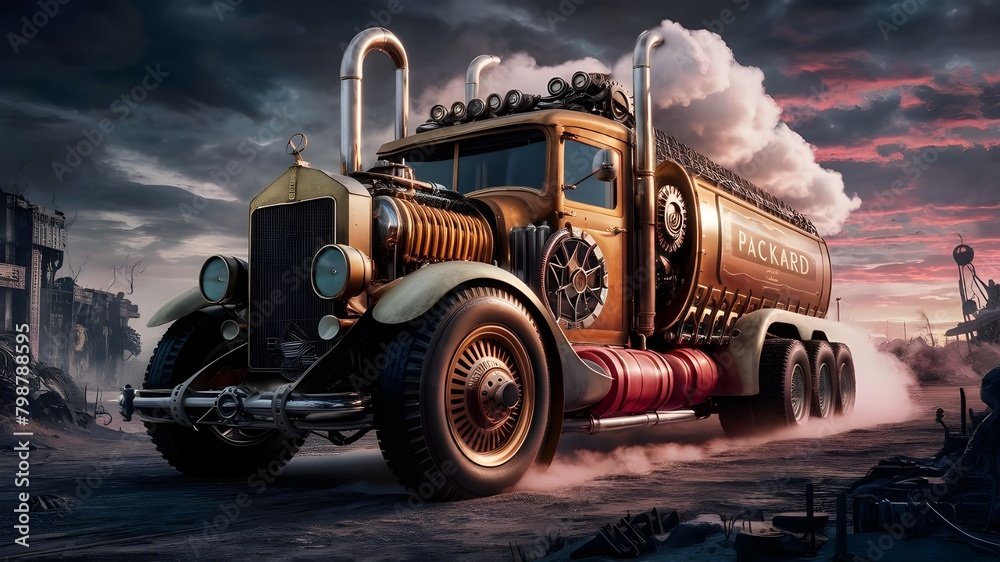 A truck with a cloud of smoke behind it. A truck with a cloud of smoke behind it.