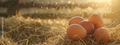 Fresh chicken eggs in the hay on a farm. Selective focus