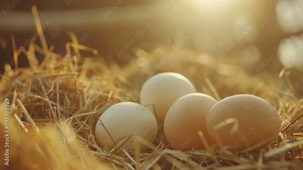 Fresh chicken eggs in the hay on a farm. Selective focus Fresh chicken eggs in the hay on a farm. Selective focus