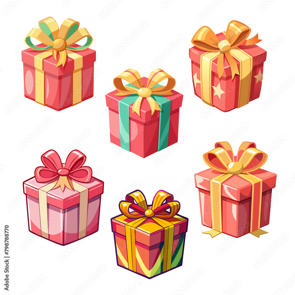 Set of colored Gift Boxes with Ribbon and Bow on white background Set of colored Gift Boxes with Ribbon and Bow on white background