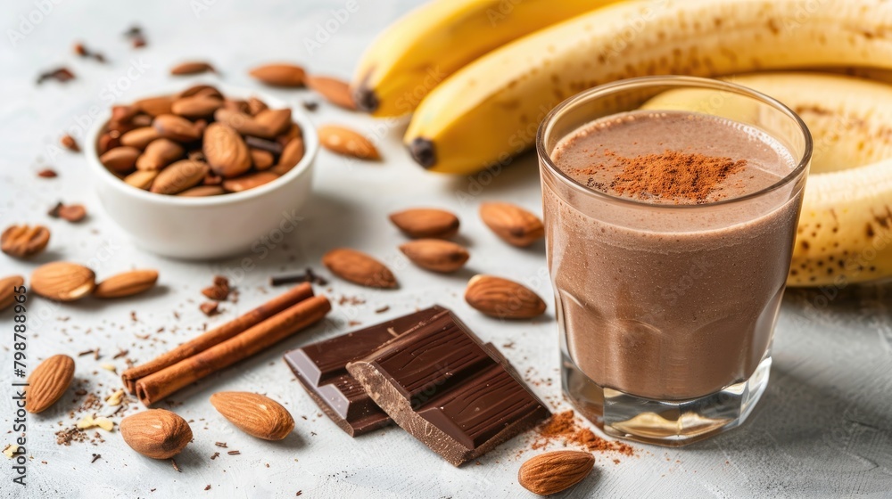 Glass with chocolate protein shake banana protein powder protein bar almonds and cinnamon on a white table Glass with chocolate protein shake banana protein powder protein bar almonds and cinnamon on a white table