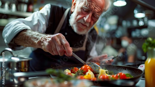 Elderly man seasoning a gourmet dish  showing culinary expertise