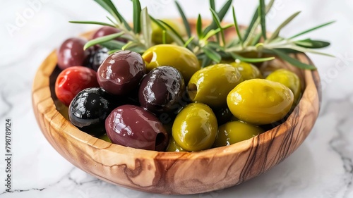 olives on a wooden plate on a white background  Generative AI 