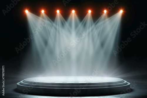 Illuminated empty stage with spotlights in a dark atmosphere.