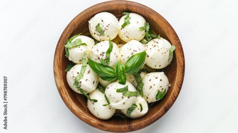 Mini mozzarella balls topped with basil in a wooden bowl on a white background viewed from above Mini mozzarella balls topped with basil in a wooden bowl on a white background viewed from above