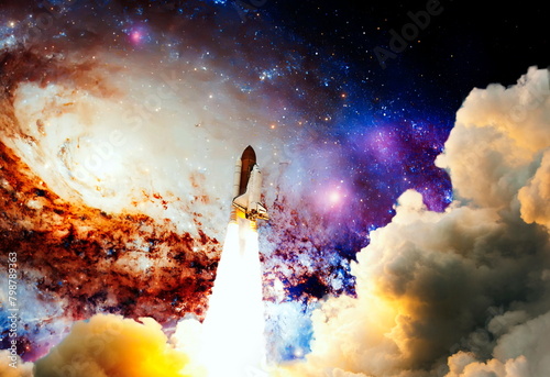 Dark space shuttle launch in the clouds with stars on background.Spaceship flight. Elements of this image furnished by NASA photo