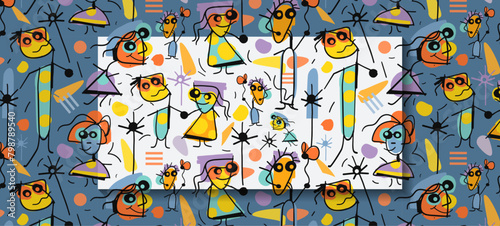 Vector illustration seamless pattern, Hand drawing abstract cute face of boy, girl with colorful color, Hand drawn doodle style. Modern graphic design for print, fabric, textile, wallpaper background