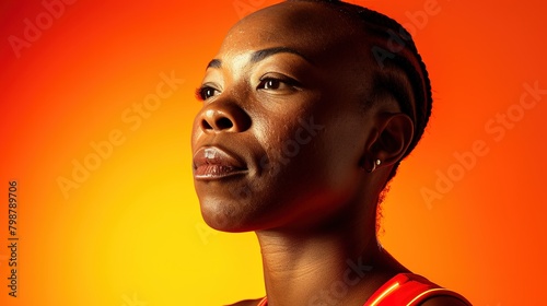 African american woman athlete in the studio against the background of orange backlight.