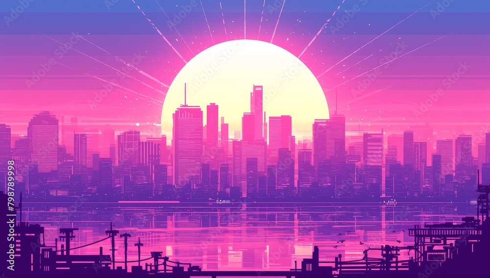 80s synthwave cityscape with the sun setting in the background, purple and pink colors