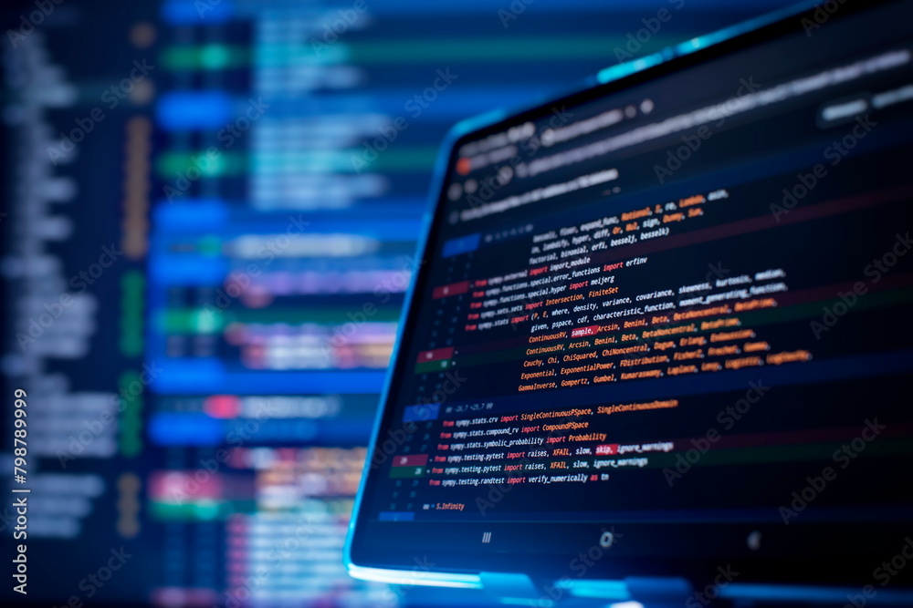 Running Computer data programming. Coding script text on screen. Notebook closeup photo. Running Computer data programming. Coding script text on screen. Notebook closeup photo.