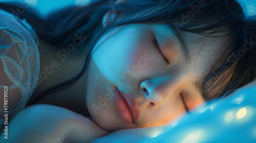 An asian woman lying on her side on the blue fluorescent beach, dreamy, aesthetic, artistic treatment,insomnia photo