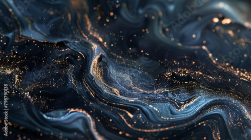 Mystic midnight marble ink swirling through a shadowy abstract landscape, adorned with gleaming glitters.