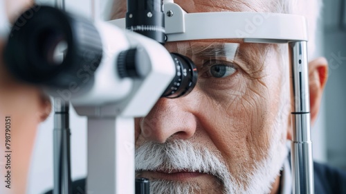 Elderly man undergoing an eye examination at an optometrist's office