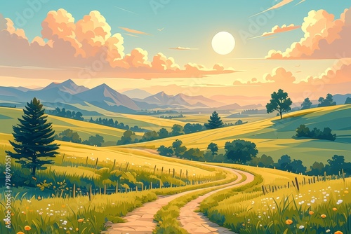 A beautiful cartoon vector illustration of an old country road leading to the mountains, with trees and grass in front