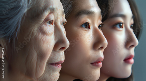 3 young asian twins, one half showcasing graceful wrinkles and natural aging, © Jirut