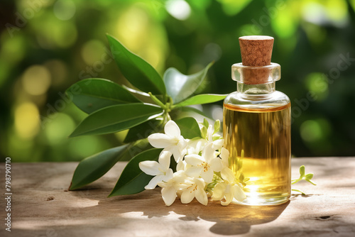 A bottle of Jasmine aromatherapy essential oil on natural background