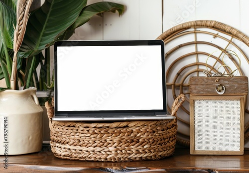 Notebook mockup,Empty Picture Frame on Desk with Plant and Pen Holder, high-resolution (300 DPI)