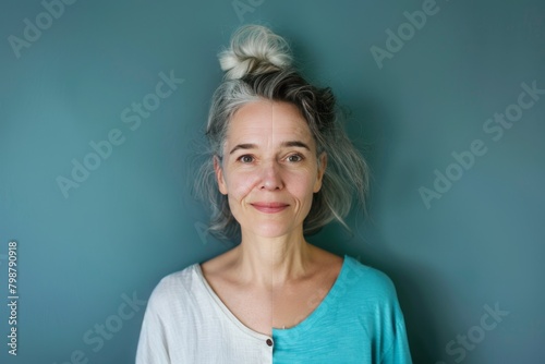 Old and young woman contrasts in skincare routines utilize aging salicylic acid cream, aiming for youthful face preservation and modern elderly standards. photo