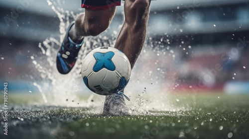 Close-up of a Leg in a Boot Kicking Football Ball. Professional Soccer Player Hits Ball with Fierce Power and Scores Goal, Grass Flying. Beautiful Cinematic Low Angle Ground Artistic Shot © decorator