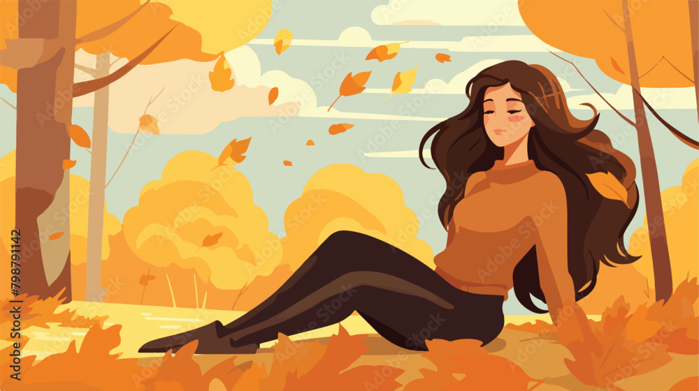 Autumn postcard with young happy woman lying on gro