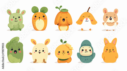 Cute vegetables with fun faces. Happy food characte