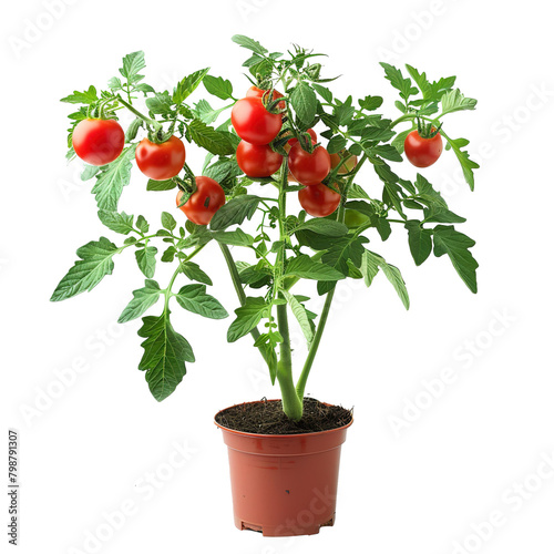 A full grown tomato plant with red tomatoes in soil isolated on white background.