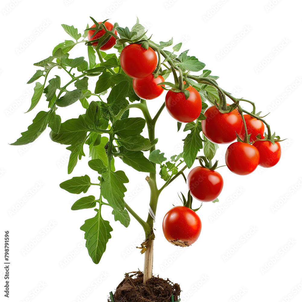 A full grown tomato plant with red tomatoes in soil isolated on white background.