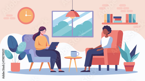 A therapy session taking place in a quiet and serene therapy room with soft colors and natural wood furnishings.. Vector illustration