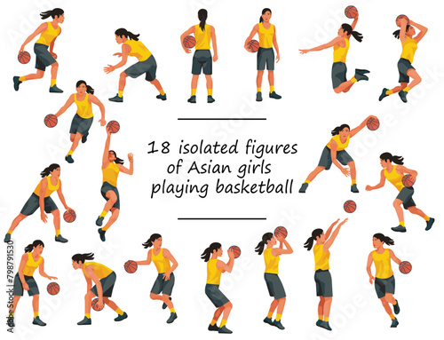 18 Asian women's basketball girl players in yellow shirts standing with the ball, running, jumping, throwing, shooting, passing the ball