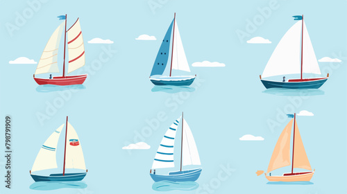 Cute yachts boats and ships with sails floating in