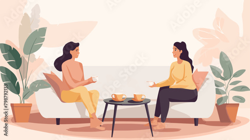 Cute young girls sitting on sofa at cafe drinking c