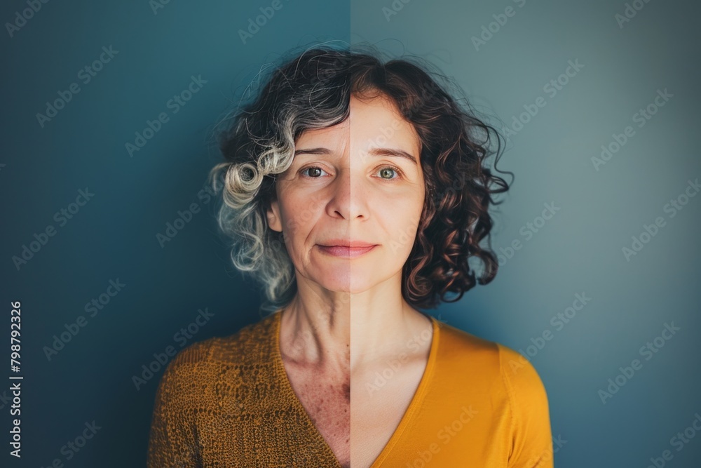 Fototapeta premium Before after wrinkles illustrate tips for hair care and aging prevention strategies, focusing on youthful complexion and aging face treatments.