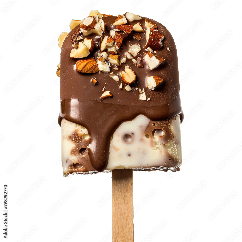Fototapeta premium Popsicle ice cream with chocolate coating and nuts isolated on white background.