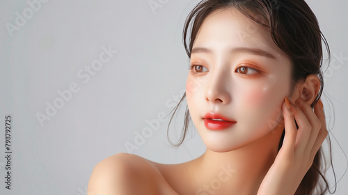 Portrait of beautiful happy Asian woman model touching healthy facial skin on clean background, cosmetics concept 